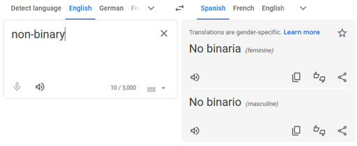 Google Translation of English "non-binary" into spanish: "No binaria" (feminine form) and "No binario" (masculine form)